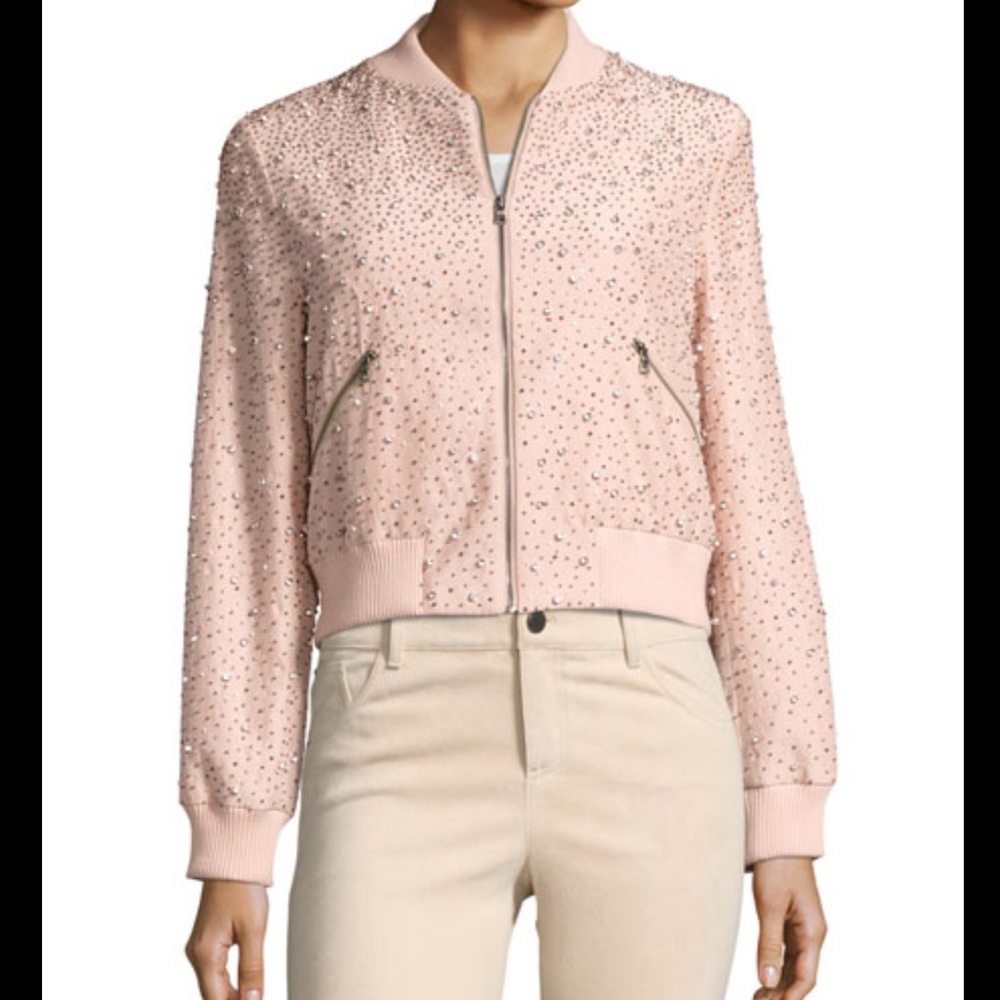 Alice + Olivia Pink Silk Rhinestone Bomber Jacket  - S